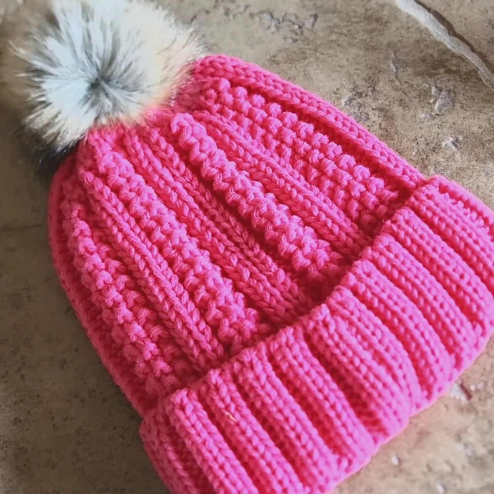 NWOT C.C. kids pink knit hat with pom pom top - Picture 4 of 6